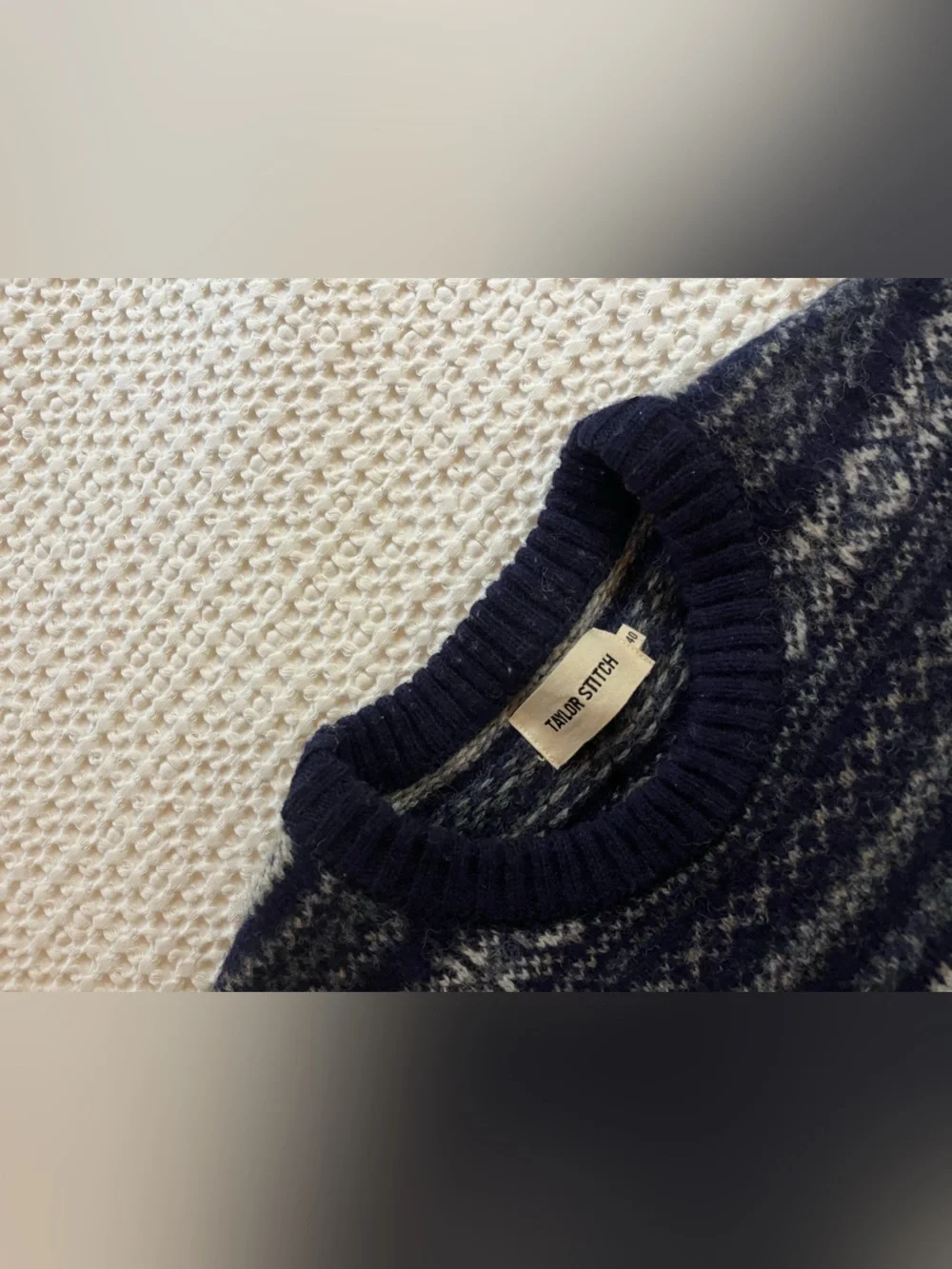 Taylor Stitch eastmoor Navy and Light Gray Fair Isle Crewneck Sweater